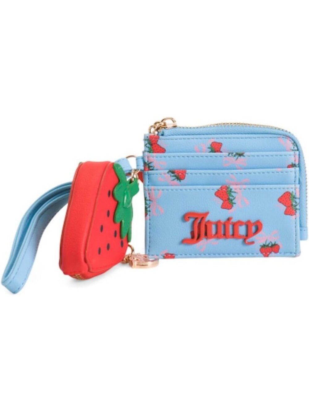 Sweet Strawberry Wristlet Card Case - Faux Leather, Blue Multi, Coin Pouch
